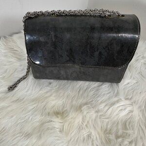 Vintage Grey Faux Patent Leather Barrel-Style Purse   8467